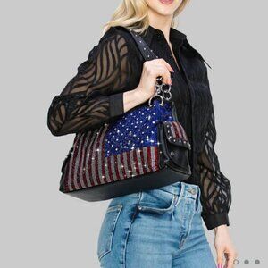 American Flag Red White Blue Rhinestone Bling Black Hobo Patriotic Handbag Bag